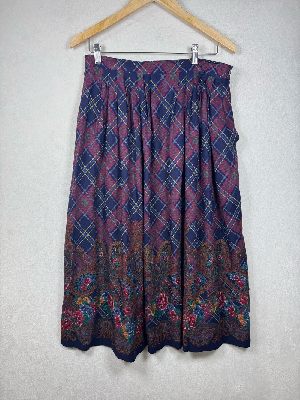 Vintage Susan Bristol Navy and Burgundy Plaid Midi Skirt with Paisley Florals